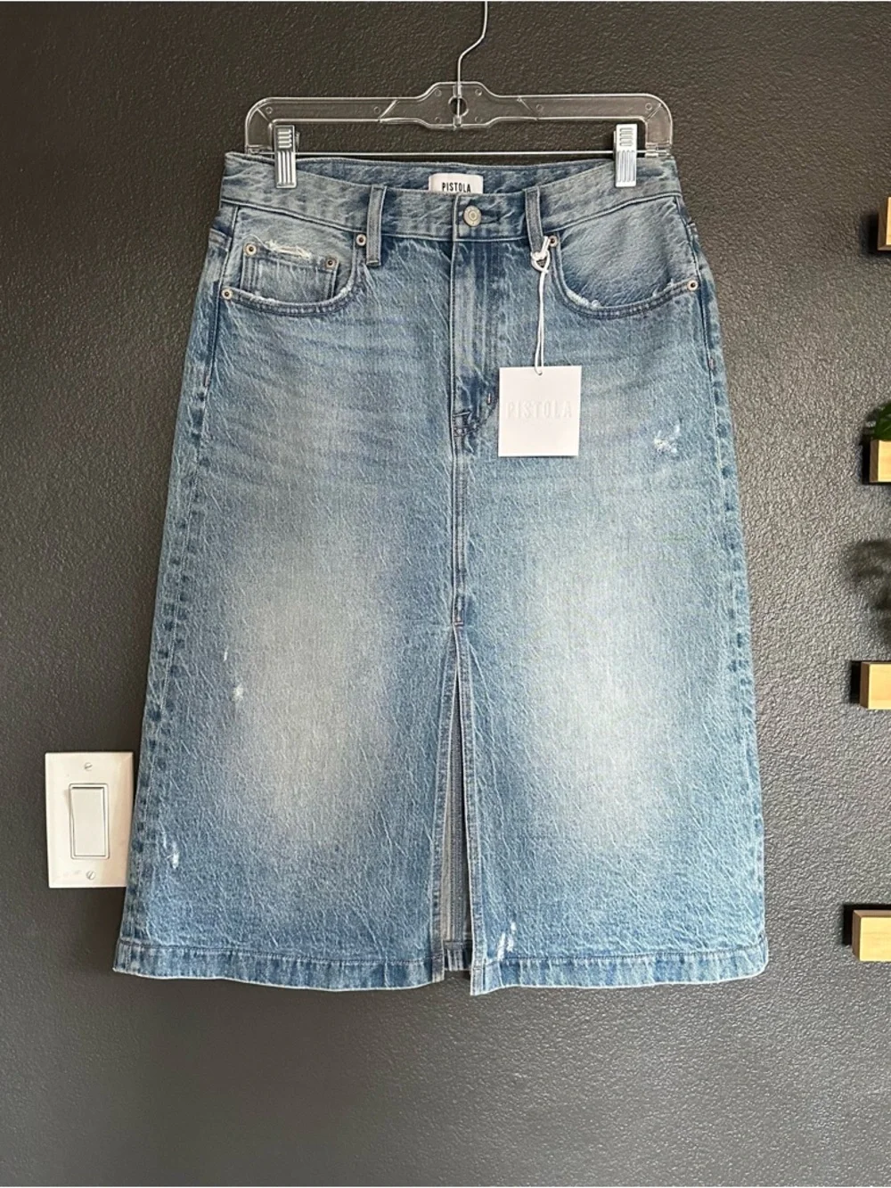 Pistola Distressed Denim Midi Skirt Front Slit Size 26 High Rise - Picture 2 of 7